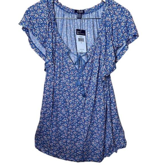 Chaps Womens Blue Floral Print Short-Sleeve Blouse With Tie Neck L - Picture 1 of 10